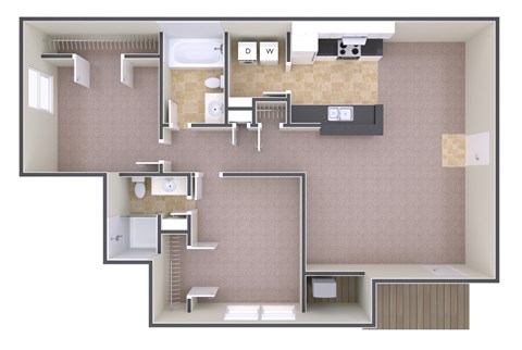 A floor plan of a house with a kitchen, living room, and bathroom.